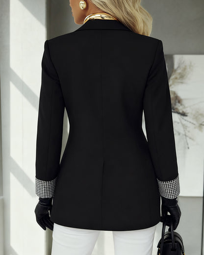 Notched Collar Golden Double Breasted Colorblock Plaid Print Cuffs Blazer Casual Pockets Design Commuting Coat