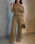 Women's Two-Piece Rhinestone Lounge Suit Skew Neck Top and Wide-Leg Pant Set Elegant Commuter Outfit with Pockets