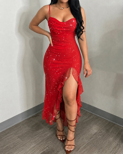 Women's Glitter Mesh Cami Dress Cowl Neck Slit Mermaid Dress Backless Ruffle Hem Party Dress with Built-In Bra