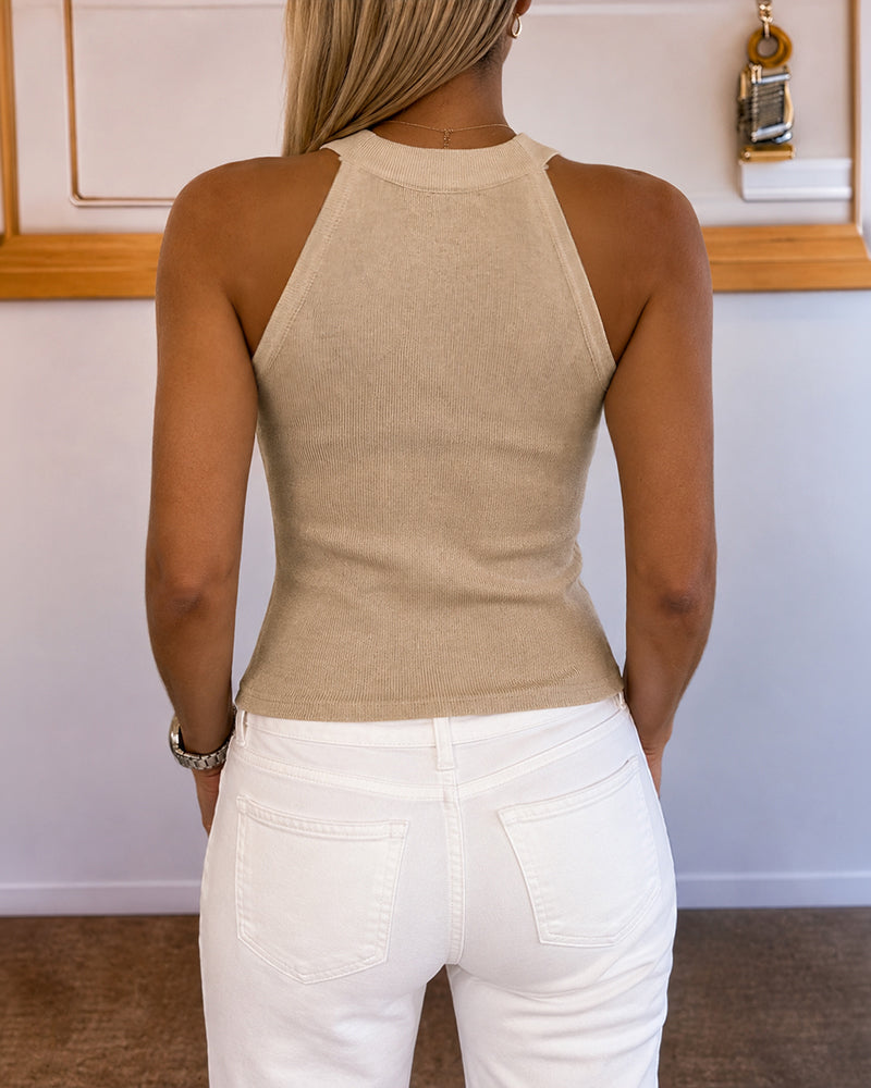 Women's Pearl Rhinestone Halter Neck Knit Top Slim Fit Tank