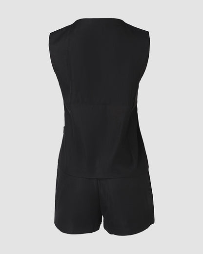 2 Pieces Outfit V-Neck Sleeveless Button Front Vest and Zipper Fly Colorblock Elastic Back Waist Shorts Set Casual Blazer Set