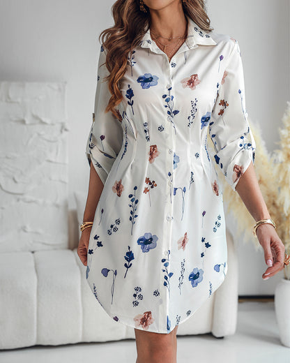 Watercolor Floral Print Turn-down Collar Turn-Up Sleeves Shirred Back Shirt Dress Casual Button Down Cinched Waist Asymmetrical Hem Vacation Dress