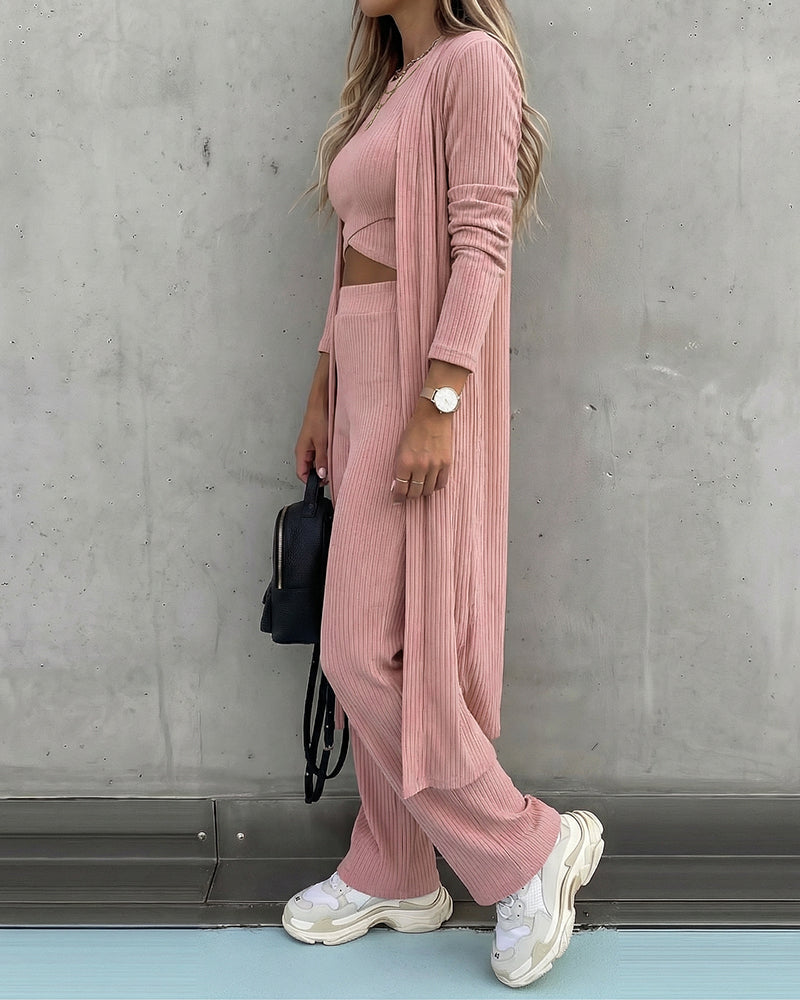 Women's 3 Piece Knit Set Long Cardigan Criss Cross Crop Tank Top and Wide Leg Pants Casual Ribbed Brushed Lounge Set