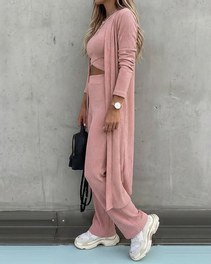 Women's 3 Piece Knit Set Long Cardigan Criss Cross Crop Tank Top and Wide Leg Pants Casual Ribbed Brushed Lounge Set