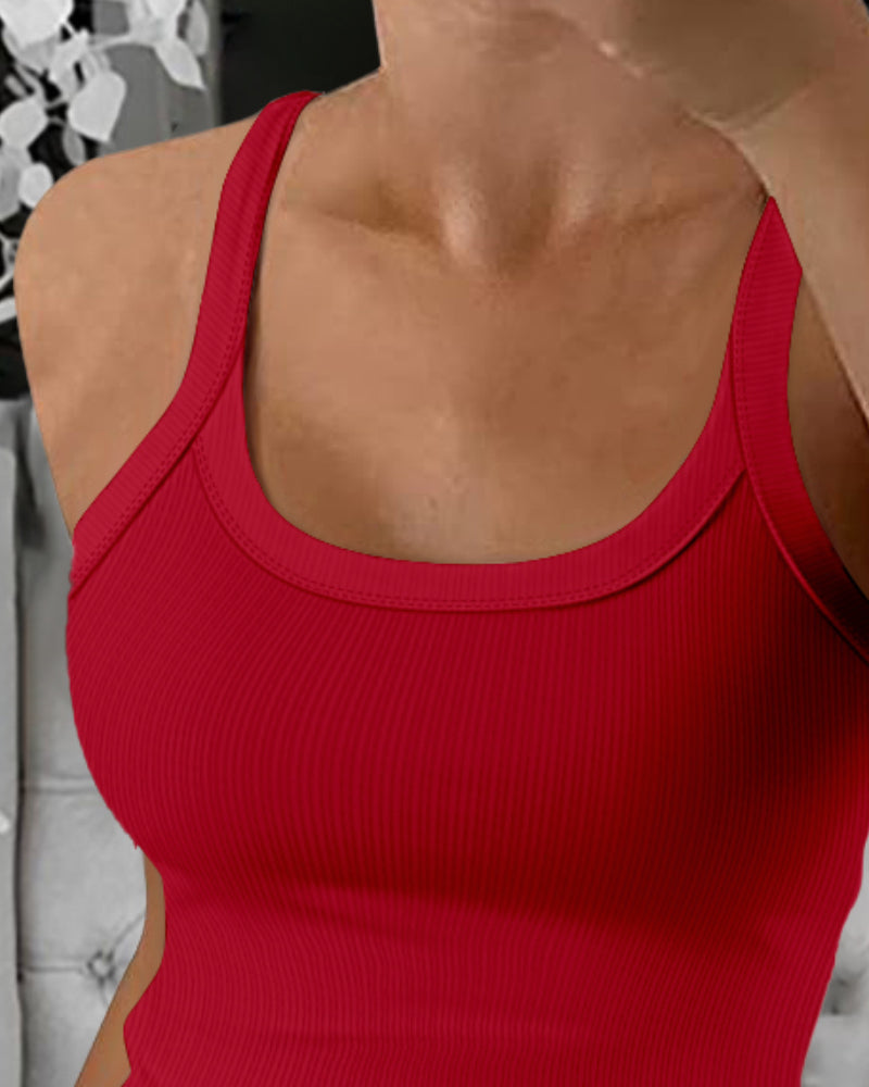 Scoop Neck Spaghetti Strap Ribbed Top Casual Sleeveless Slim Fit Tank