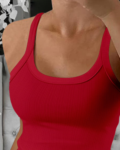 Scoop Neck Spaghetti Strap Ribbed Top Casual Sleeveless Slim Fit Tank