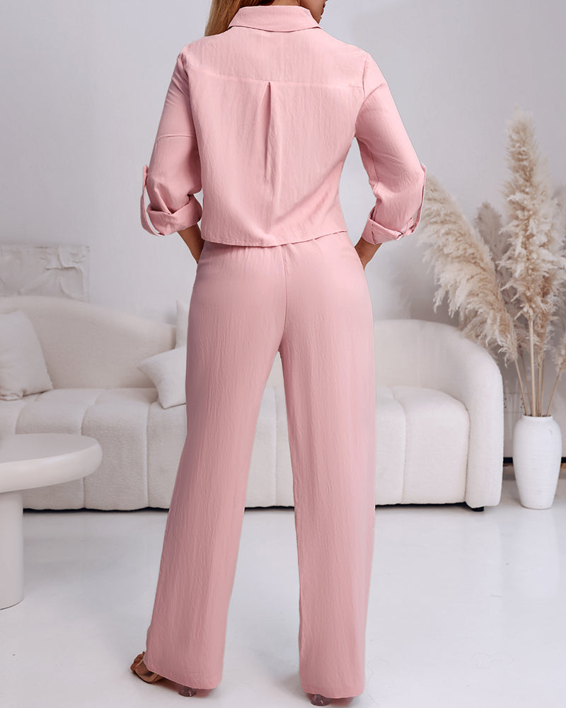2 Pieces Outfit Turn-down Collar Turn-Up Sleeves Button Front Flap Pockets Design Top and Causal Zipper Fly Elastic Back Waist Wide Leg Pants Set