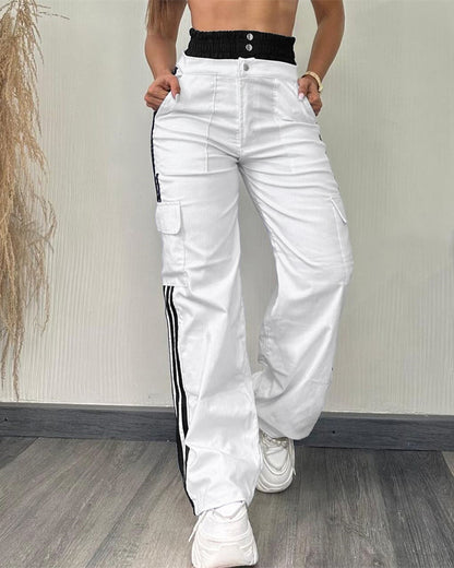 Contrast Side Striped Zipper Fly Stretchy High Waist Pants Flap Pockets Design Double Waistband Cargo Pants
