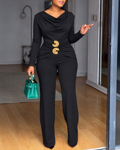 Women's Long Sleeve Cowl Neck Ruched Jumpsuit with Gold Buckle Accent