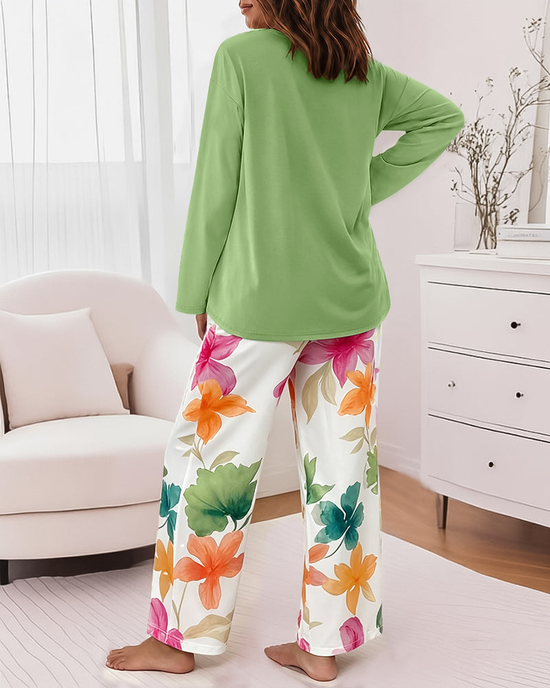 Women's 2 Piece Pajama Set Letter Long Sleeve Top and Floral Straight Leg Pants Casual Loungewear
