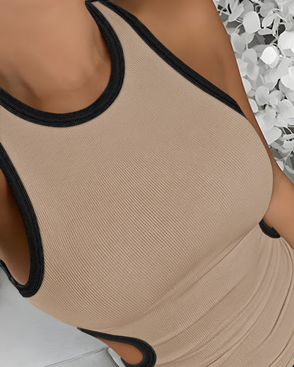 Women's Ribbed Contrast Trim Tank Top Sleeveless Crew Neck Cutout Slim Fit Stretch Casual Top