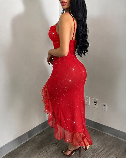 Women's Glitter Mesh Cami Dress Cowl Neck Slit Mermaid Dress Backless Ruffle Hem Party Dress with Built-In Bra