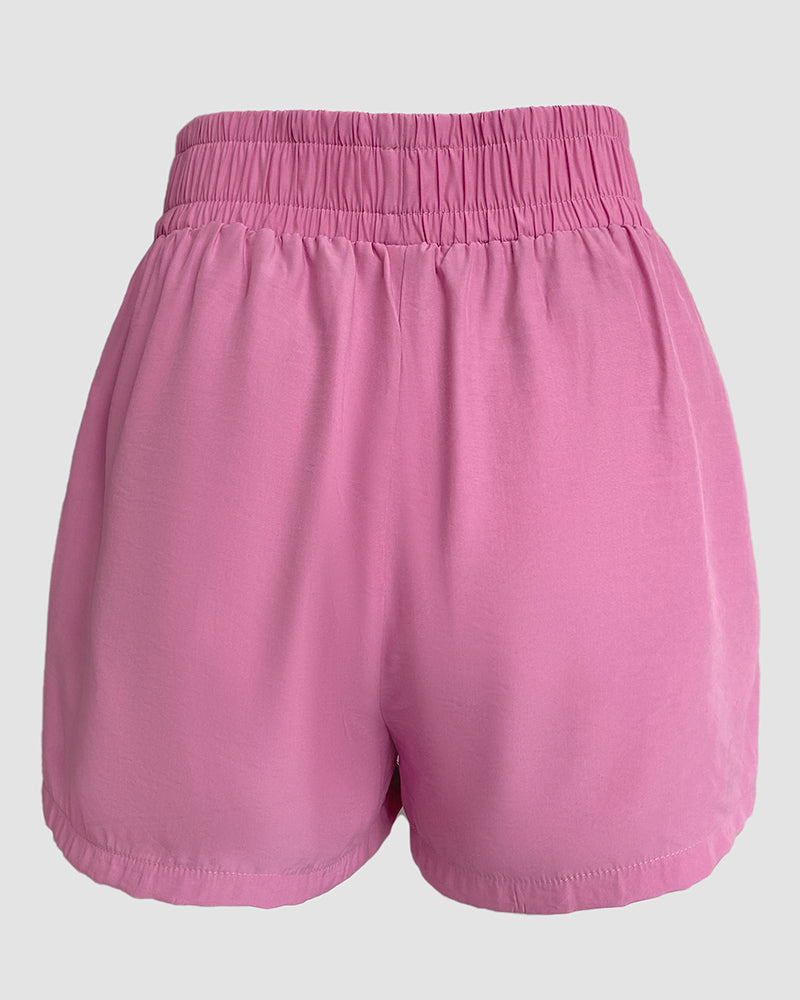 2 Pieces V Neck Button Decor Bell Sleeve Top and Casual Drawstring Stechy Waist Shorts Set