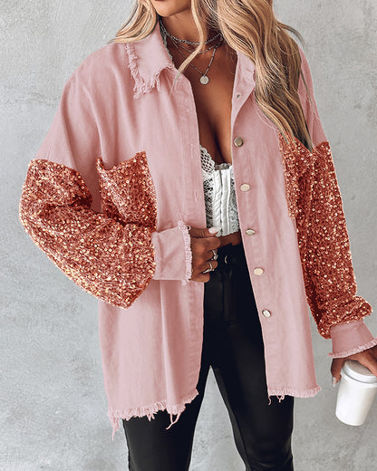 Casual Jacket Sequin Patchwork Long Sleeve Jacket Top Button Front Raw Hem Oversized Denim Shacket