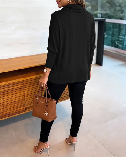 Women's Cowl Neck Batwing Sleeve Top Casual Long Sleeve Loose Pullover Comfortable Soft Drape Blouse