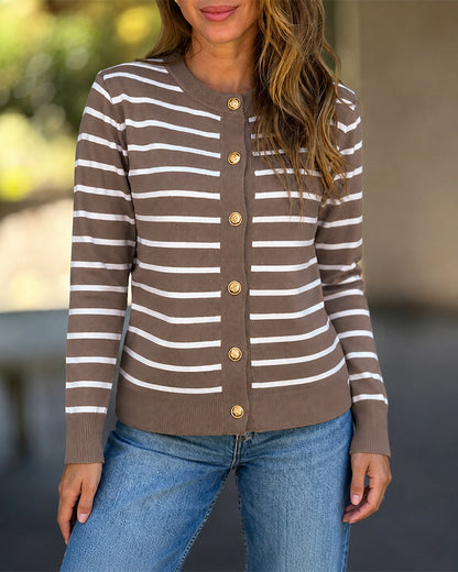 Women's Striped Knit Cardigan Casual Crewneck Button Down Sweater Vintage French Style Long Sleeve Top
