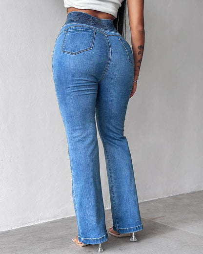 ChicMe CurveEase Back Shirred Button Front High Waist Jeans Skinny Flared Denim Jeggings