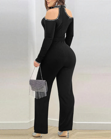 Rhinestone Decor Halter Cold Shoulder Long Sleeve Overalls Hollow-out Front Zipper Back Jumpsuit with Belt