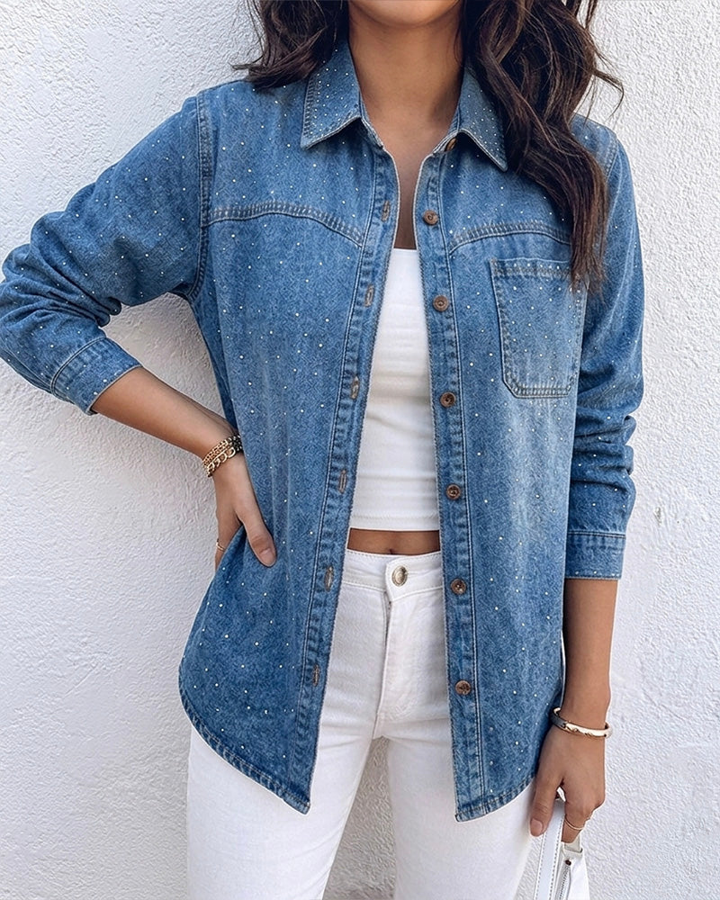 Women's Rhinestone Denim Jacket Washed Button-Down Shacket Sparkling Loose Fit Long Sleeve Casual Outerwear