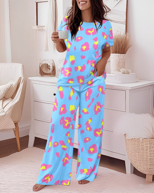 Pink Leopard Print Wide Leg Pajamas Set