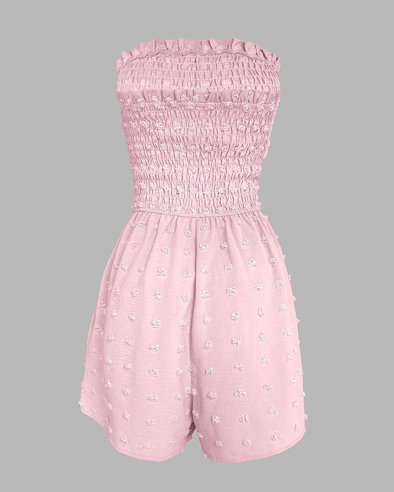 Polka Dot Bandeau Sleeveless Shirred Rompers Casual Button Decor Tied Detail Short Jumpsuit