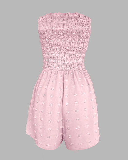 Polka Dot Bandeau Sleeveless Shirred Rompers Casual Button Decor Tied Detail Short Jumpsuit