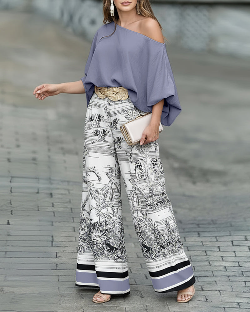 2 Pieces Outfit Skew Neck Batwing Sleeve Loose Fit Top and Plants Print Zipper Fly Colorblock Striped Trim Wide Leg Pants Set without Belt