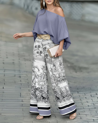 2 Pieces Outfit Skew Neck Batwing Sleeve Loose Fit Top and Plants Print Zipper Fly Colorblock Striped Trim Wide Leg Pants Set without Belt