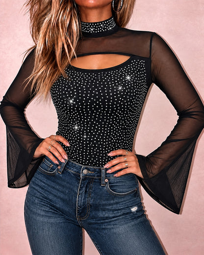 Women's Rhinestone Sheer Mesh Patchwork Cutout Mock Neck Long Sleeve Top