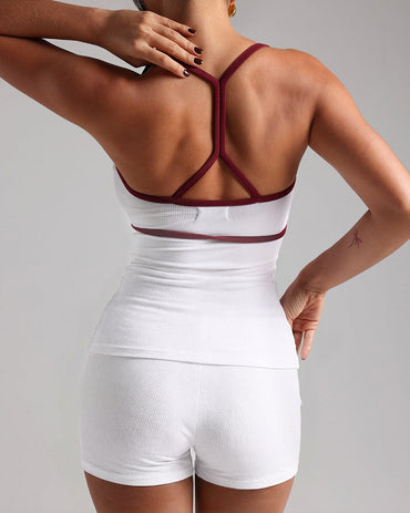 2 Pieces Outfit Spaghetti Straps Backless Cami Top and Elastic Waist Shorts Set Sexy Slim Fit Contrast Binding Ribbed Loungewear Set