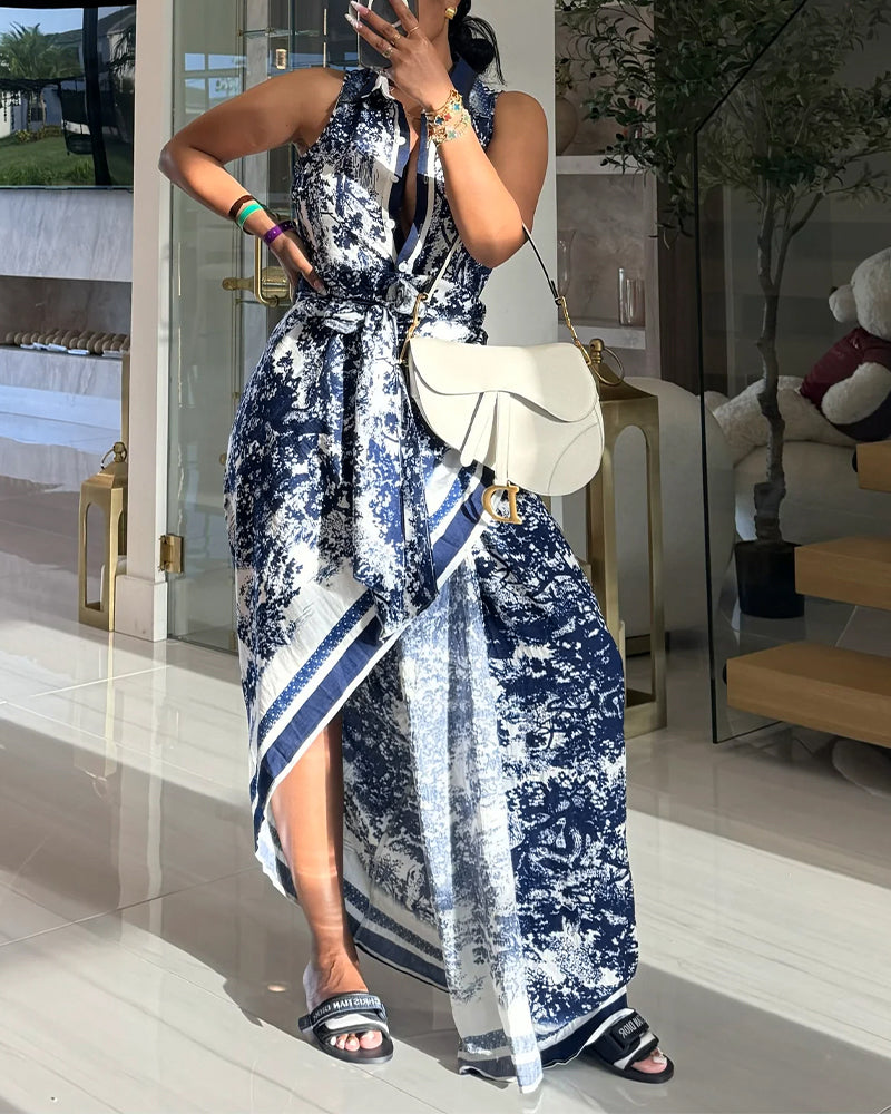 Vintage Ink Print Turn-down Collar Sleeveless Butto Front Maxi Dress Casual Zipper Back Tie Waist Side High Slit Vacation Dress with Belt