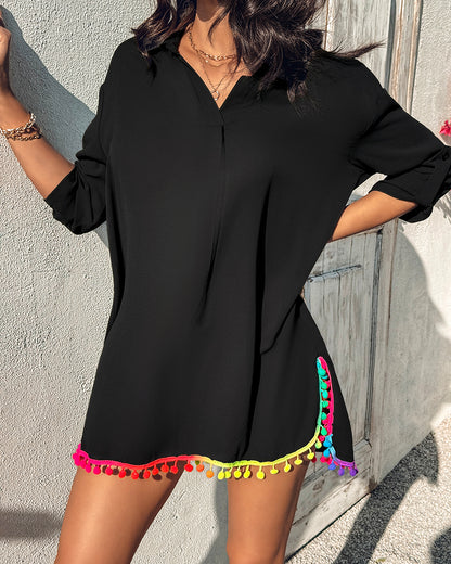 Turn-down Collar Roll Up Sleeve Tassel Hem Pompom Side Slit Straight Dress Casaul Dress