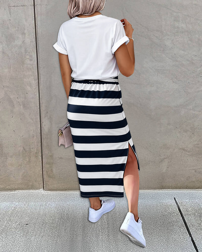 2 Pieces Outfit Floral Print Round Neck Turn-Up Cuffs Top and Casual Striped Drawstring Elastic Waist Side Slit Skirt Set