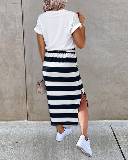 2 Pieces Outfit Floral Print Round Neck Turn-Up Cuffs Top and Casual Striped Drawstring Elastic Waist Side Slit Skirt Set
