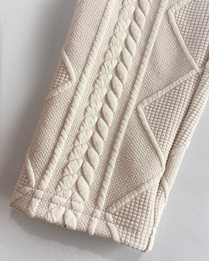 Metal Double Breasted Decor Stand Collar Argyle & Cable Textured Coat