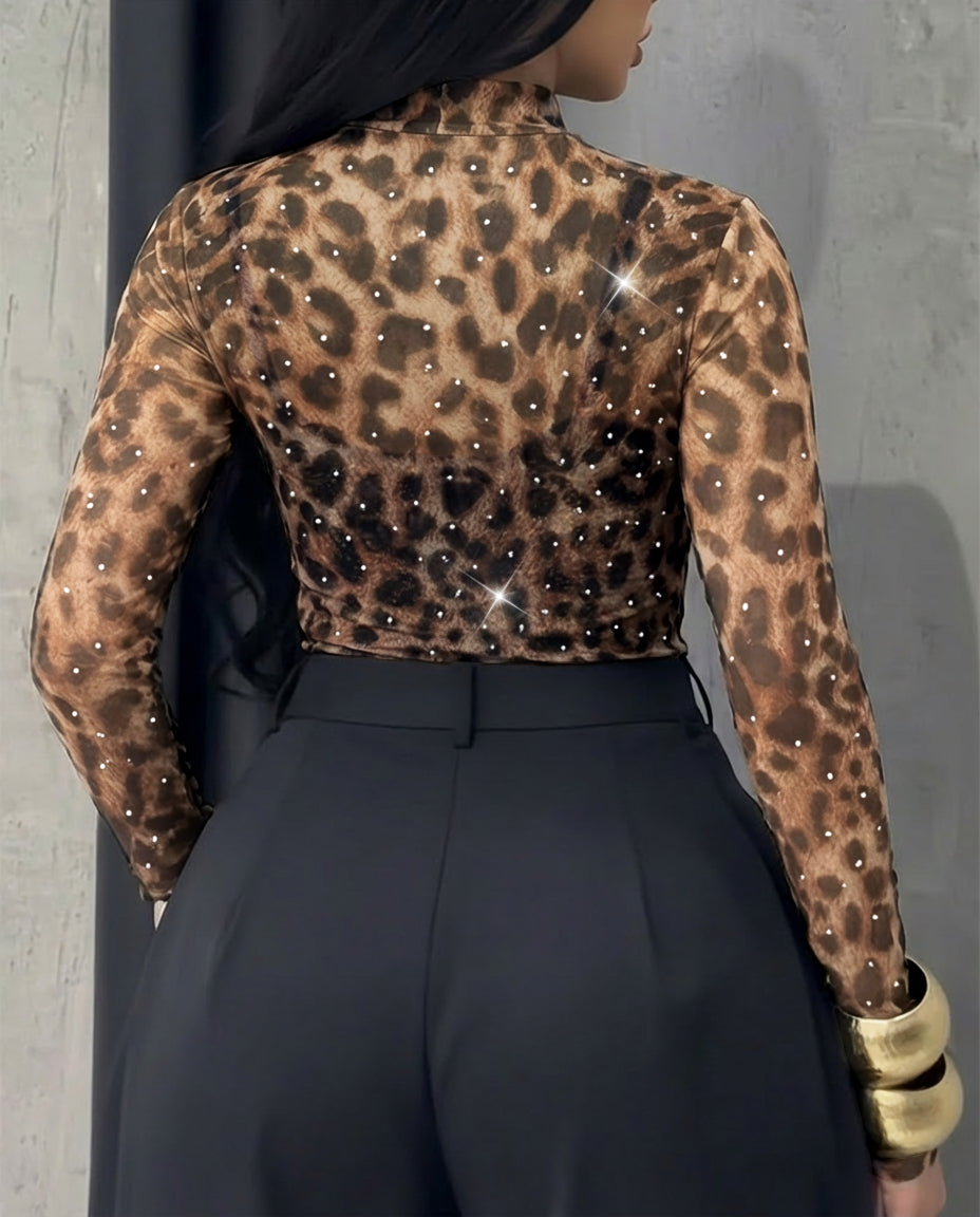 Rhinestone Decor Leopard Print Mock Neck Long Sleeve Tee Sexy Slim Fit Sheer Top