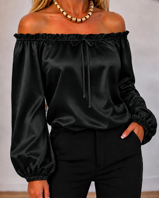 Women's Off Shoulder Satin Frill Trim Tie Front Lantern Sleeve Top
