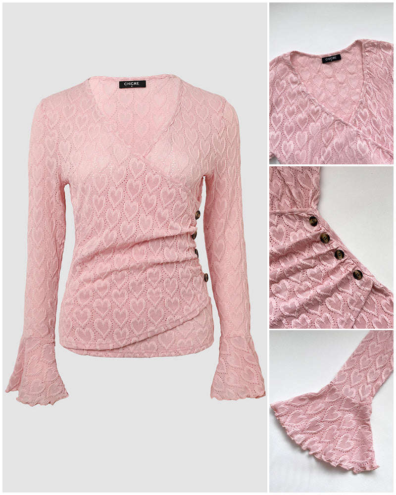 Women's Heart Jacquard Overlap V Neck Top Flare Long Sleeve Side Button Ruched Blouse Slim Fit Wrap Top