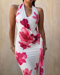 Women's Tropical Floral Halter Maxi Dress Deep V Neck Backless Ruched Wrap Draped Party Dress Elegant Slit Evening Gown