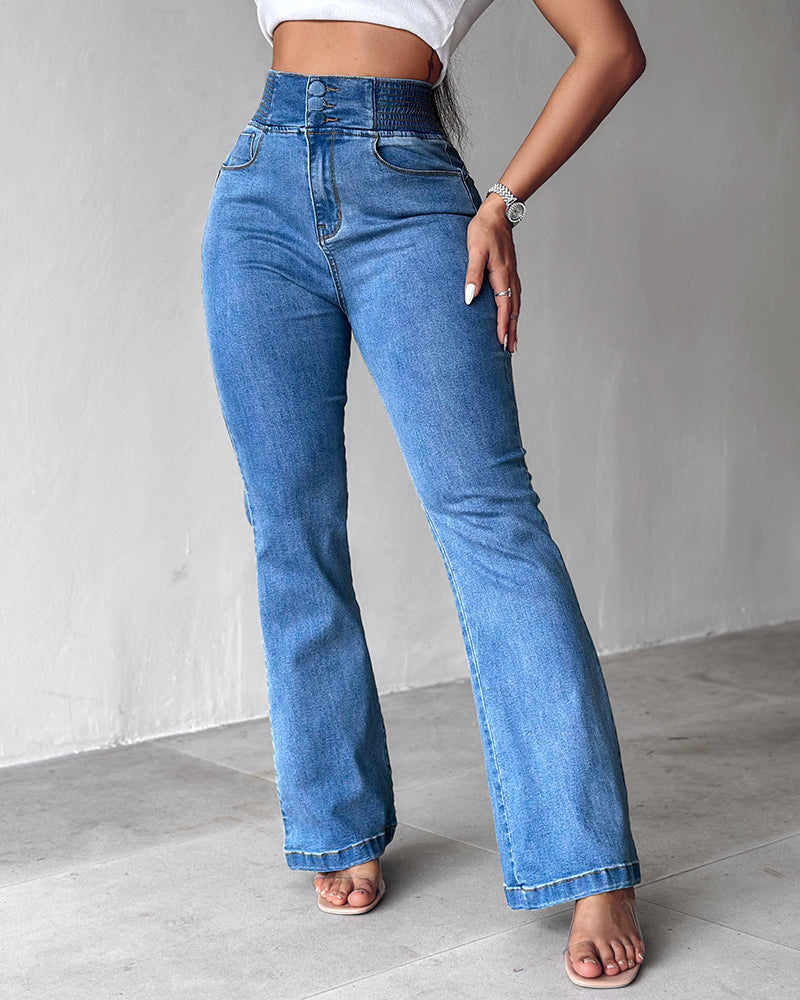 ChicMe CurveEase Back Shirred Button Front High Waist Jeans Skinny Flared Denim Jeggings