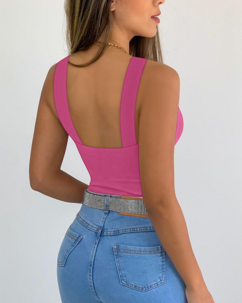 Rhinestone Halter Sleeveless Slim Fit Tank Ruched Casual Top