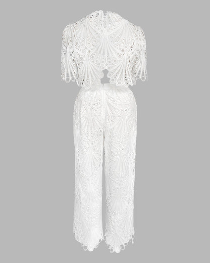 Women's 2-Piece Lace Matching Set Elegant Stand Collar Hollow Out Crop Top and High Waisted Straight Leg Pants Suit with Lining