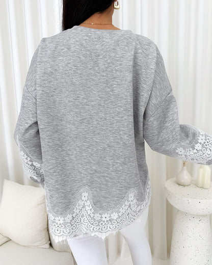 Women's Lace Trim Oversized Sweatshirt Drop Shoulder Long Sleeve Pullover Loose Fit Casual Crewneck Top