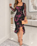 Women's Floral Print Square Neck Mesh Sheer Long Sleeve Ruched Asymmetrical Ruffle Midi Dress