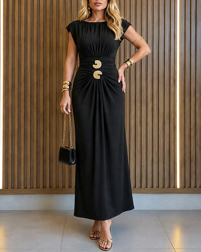 Women's Boat Neck Ruched Maxi Dress Gold Buckle Cap Sleeve Formal Evening Gown