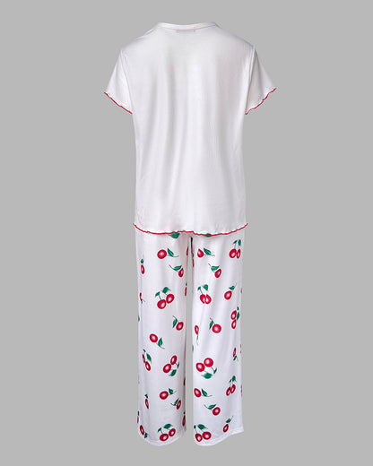 2 Pieces Outfit Letter & cherry Print Short Sleeve Frill Trim Top and Elastic Waist Pants Set Casual Ribbed Pajamas Set