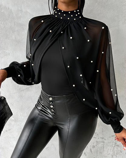 Pearls Decor High Neck Chiffon Draped Cape-style Cloak Sleeve Spliced Tee Ruched Hollow-out Back Slim Fit Top
