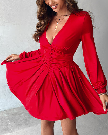Deep V Neck Lantern Sleeve Ruched Pleated A Line Flowy Dress Single Breasted Decor Cinched Waist Party Dress