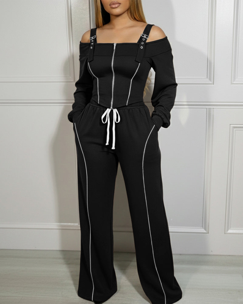 2 Pieces Outfit Trendy Long Sleeve Cold Shoulder Top and Drawstring Waist Pants with Pockets