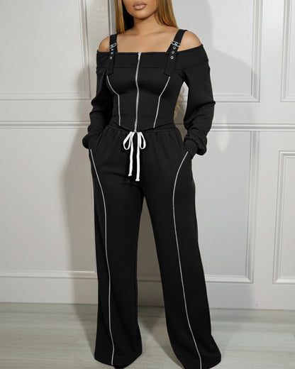 2 Pieces Outfit Trendy Long Sleeve Cold Shoulder Top and Drawstring Waist Pants with Pockets